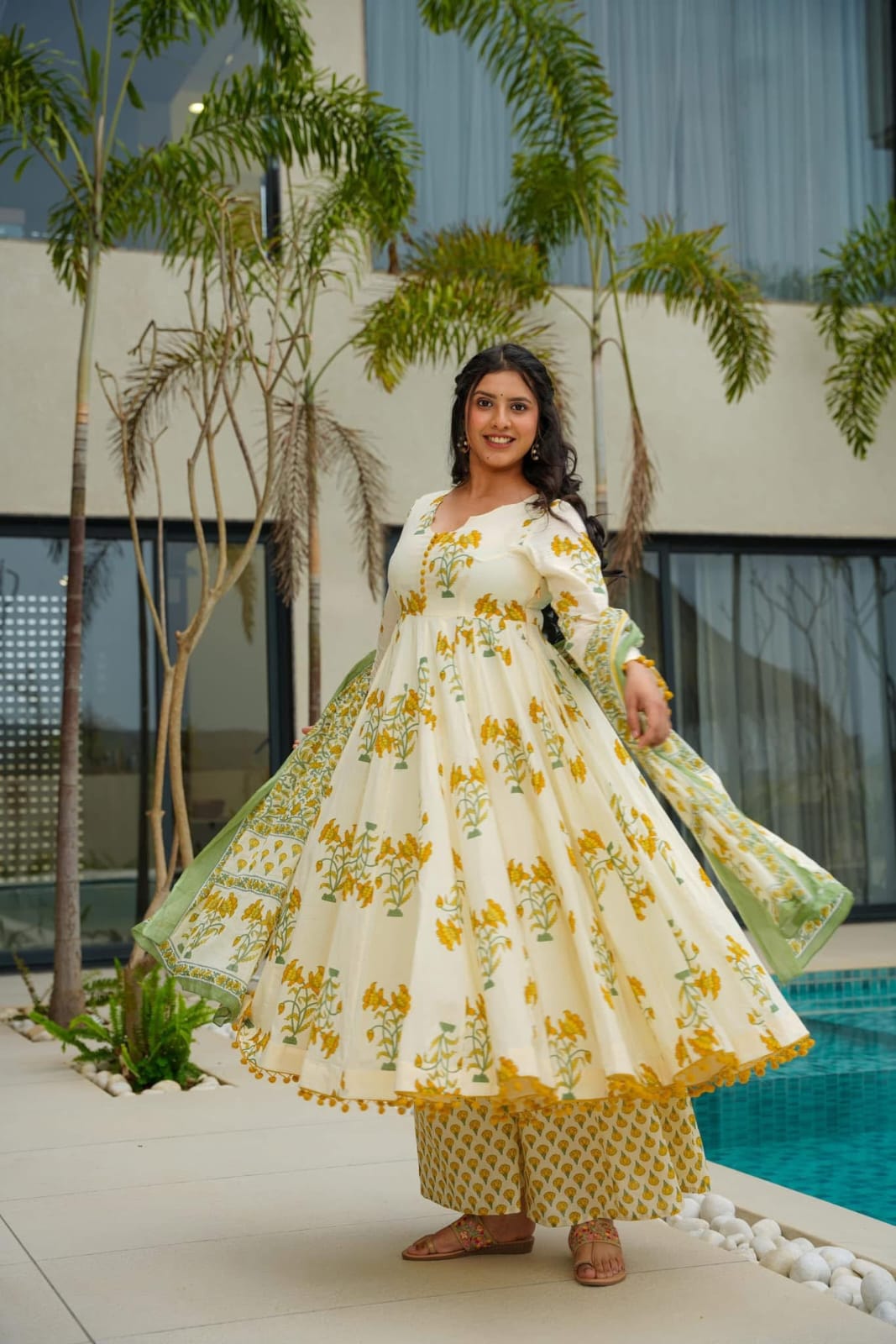 BEAUTIFUL COTTON PRINTED ANARKALI KURTI WITH BOTTOM
