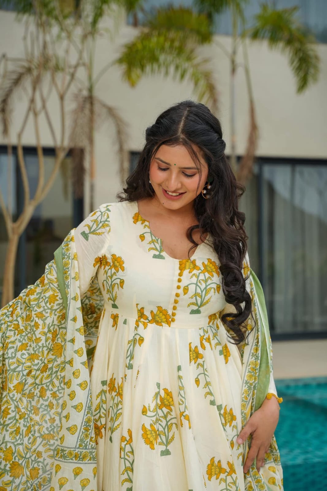 BEAUTIFUL COTTON PRINTED ANARKALI KURTI WITH BOTTOM