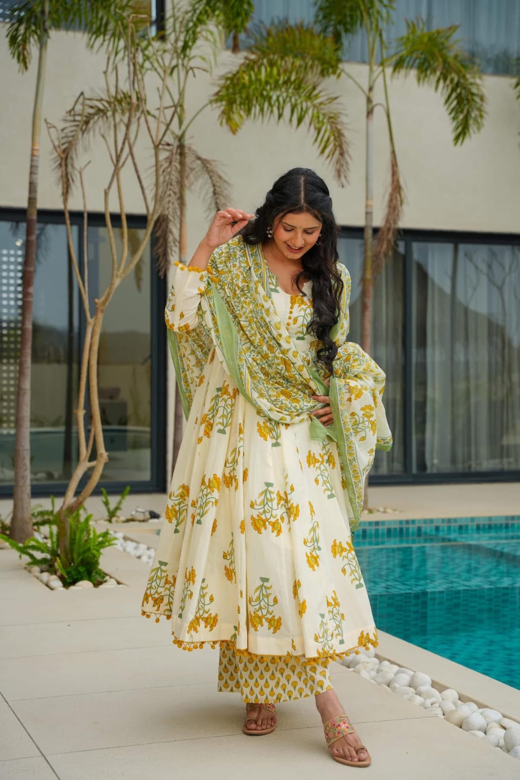 BEAUTIFUL COTTON PRINTED ANARKALI KURTI WITH BOTTOM
