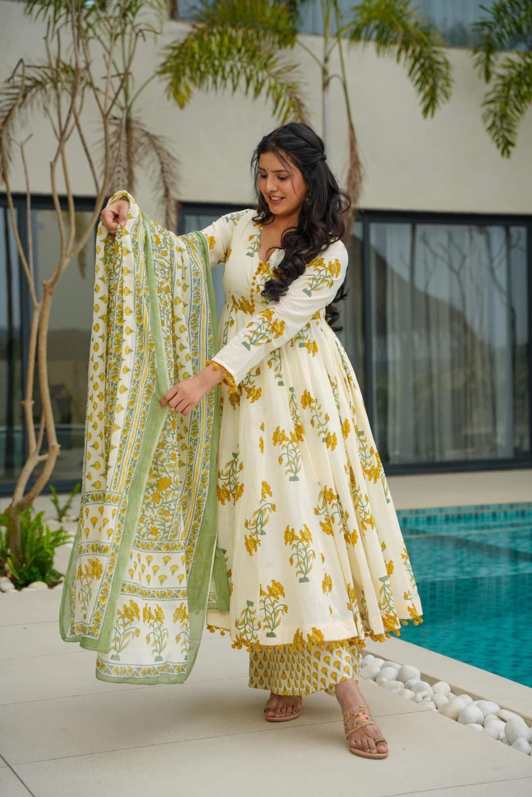 BEAUTIFUL COTTON PRINTED ANARKALI KURTI WITH BOTTOM